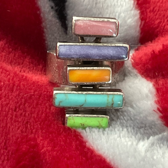 925 Sterling Silver Jewelry - Sterling Silver Ring with Colorful Stone Inlays